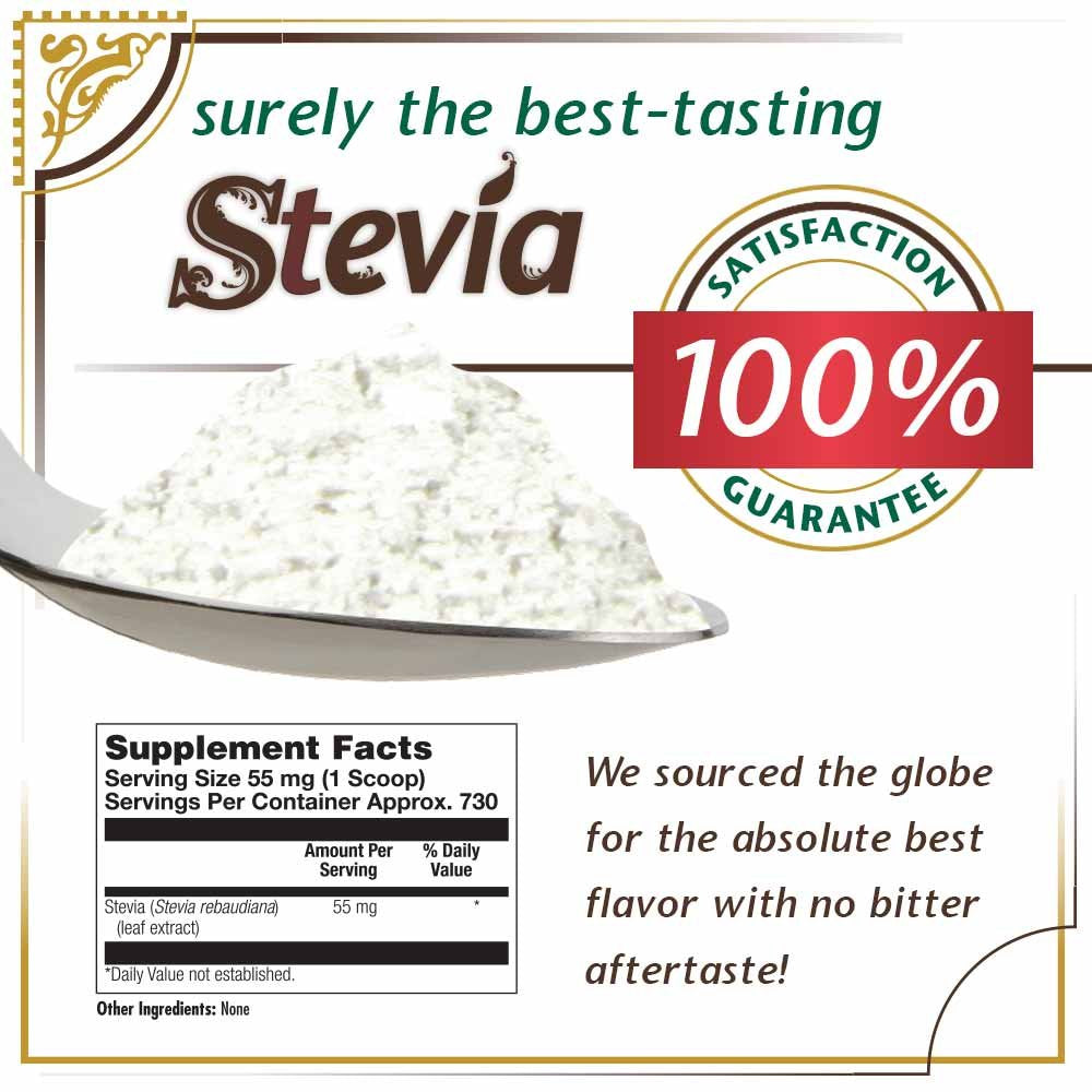 Close-up of KAL Sure Stevia Extract Powder bottle showing texture and label