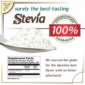 Close-up of KAL Sure Stevia Extract Powder bottle showing texture and label
