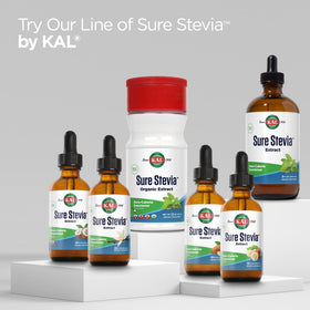 Smoothie topped with KAL Sure Stevia powder for low-calorie sweetness.