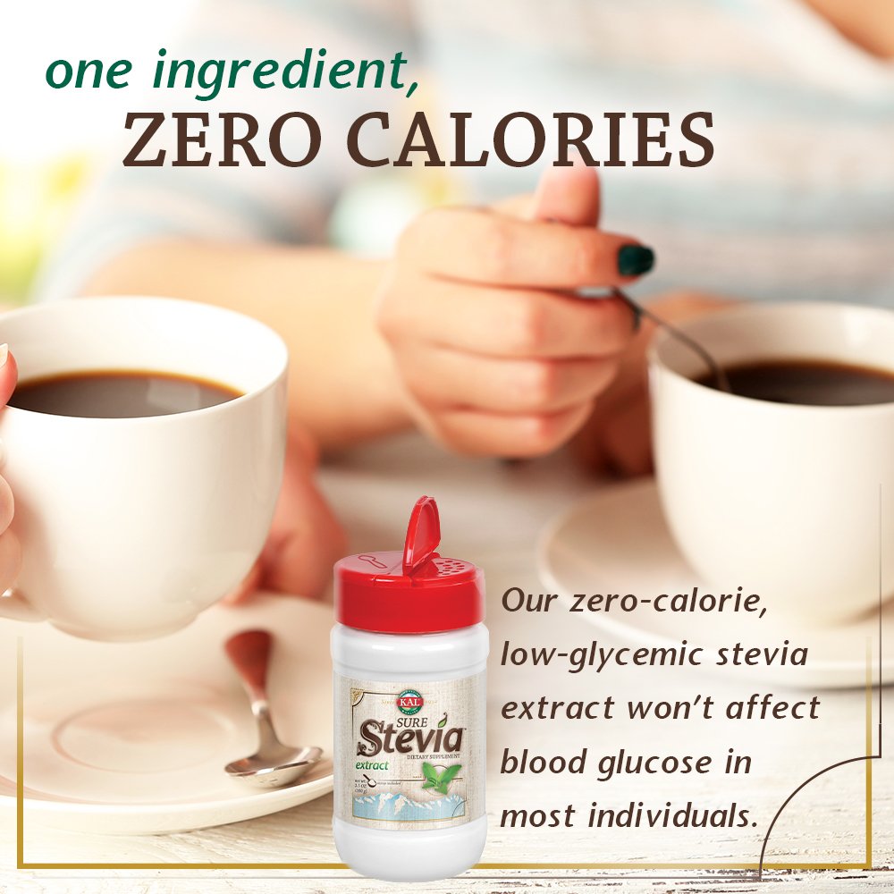KAL Sure Stevia Extract Powder in a teacup for naturally sweet, calorie-free sips