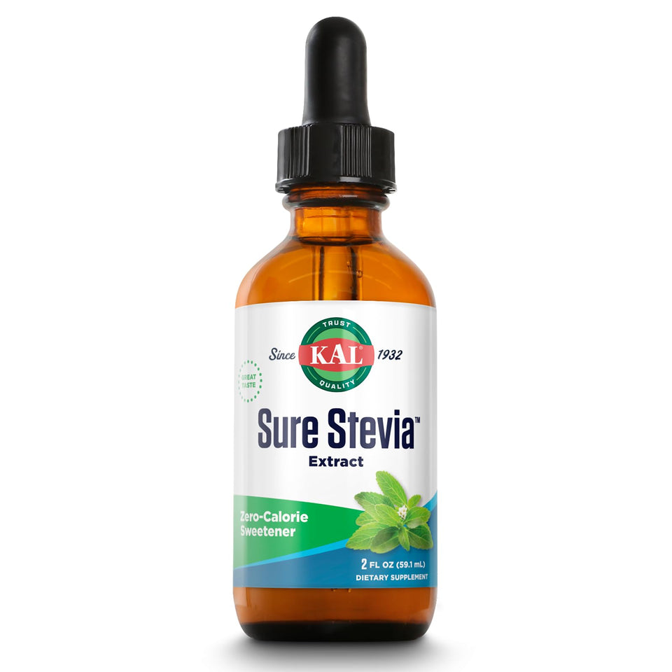 KAL Sure Stevia Liquid Extract 2 oz bottle adds zero-calorie sweetness to beverages.