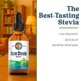 KAL Sure Stevia Liquid Extract poured into a glass for beverages.