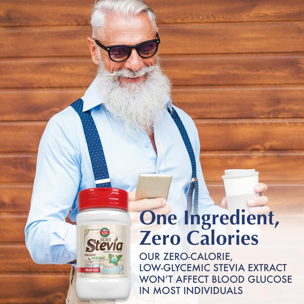 KAL Sure Stevia powder used in hot coffee showing rich flavor without calories.