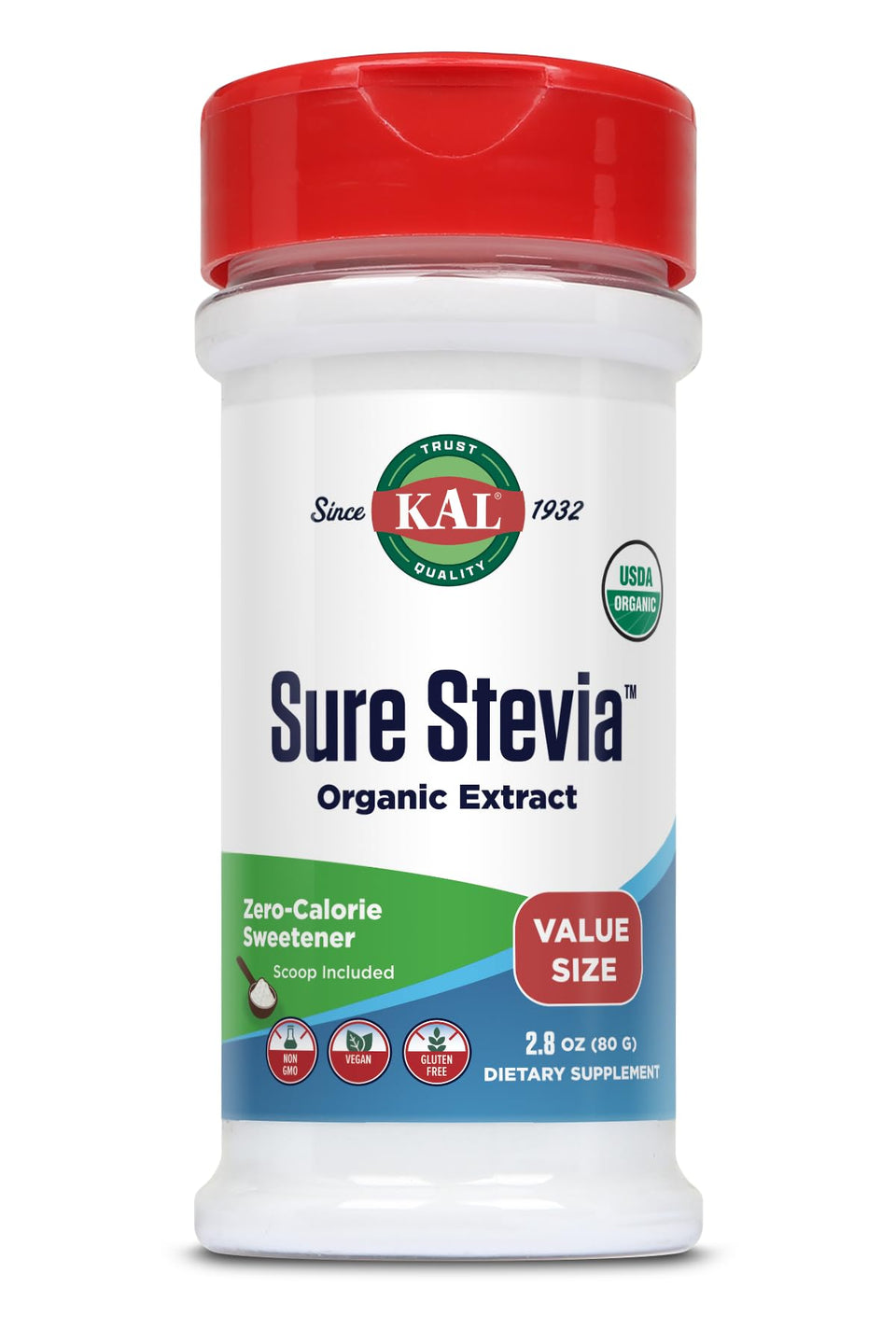 KAL Sure Stevia powder packaging with scoop for easy, zero-calorie sweetness.