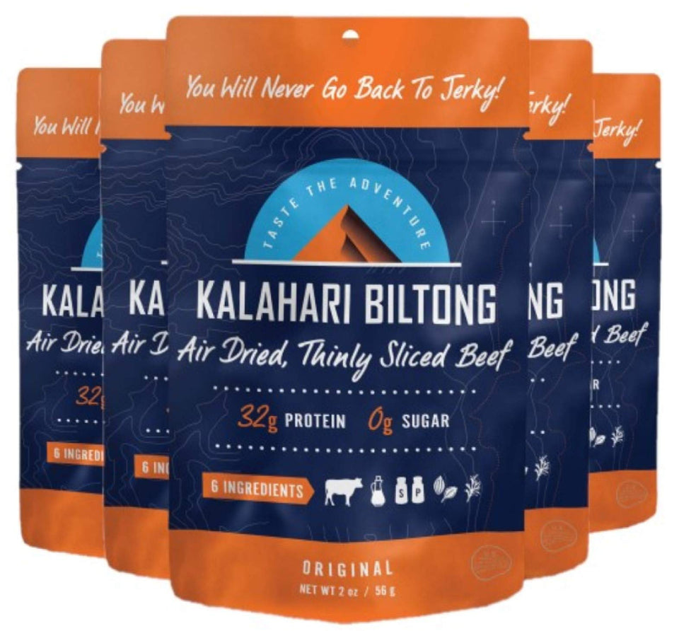 Kalahari Biltong Original 2 oz pack, thin beef slices, a high-protein on-the-go snack.