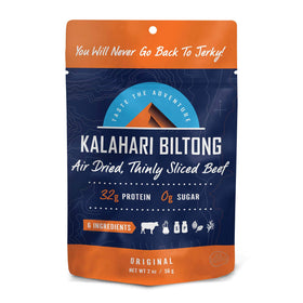 Kalahari Biltong Original thin slices pack front view for quick, high-protein snack