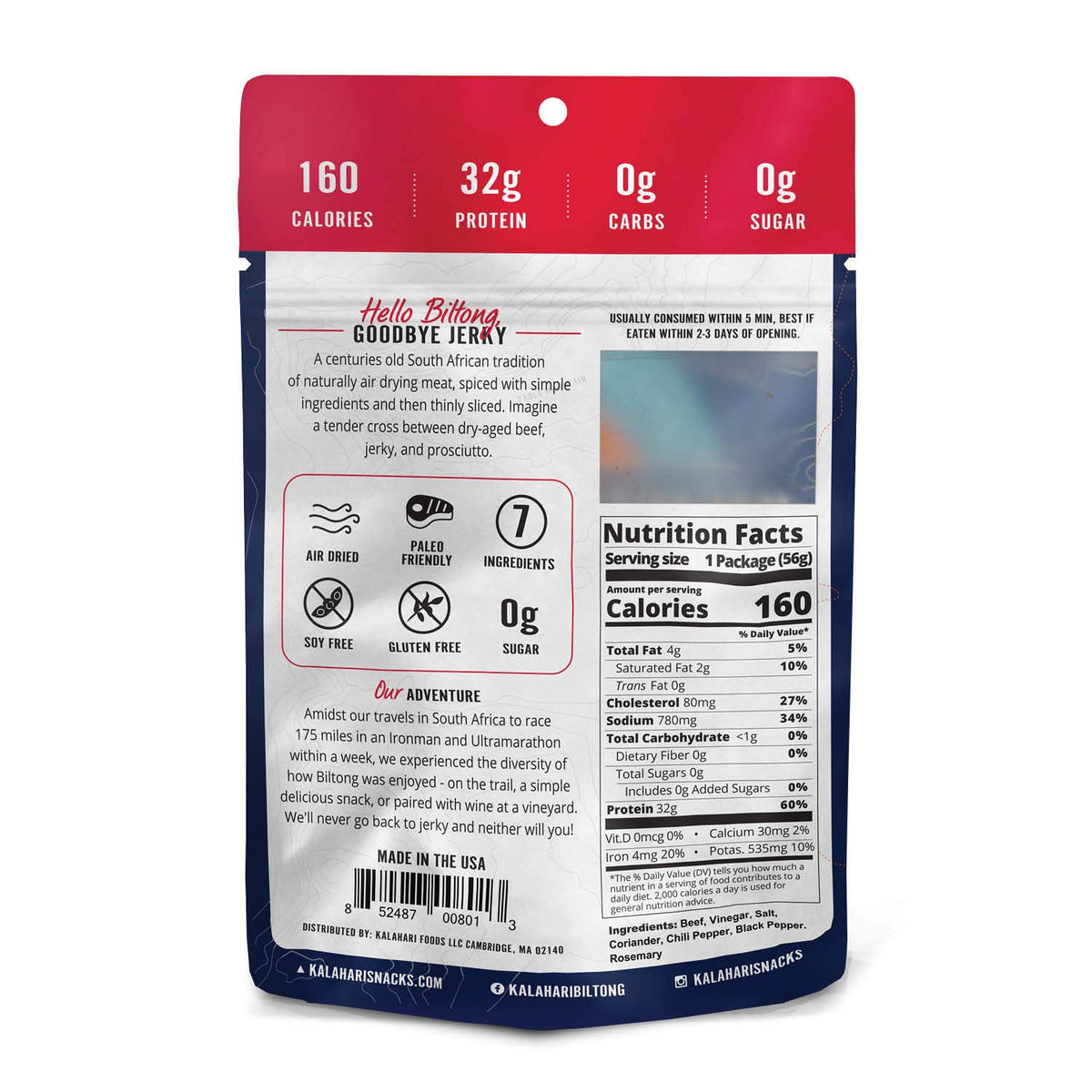 Kalahari Biltong pack of 5 2oz servings displayed for easy snacking on the go.