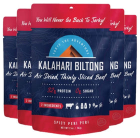 Kalahari Biltong spicy peri peri slices showcased for a bold, protein-packed bite.