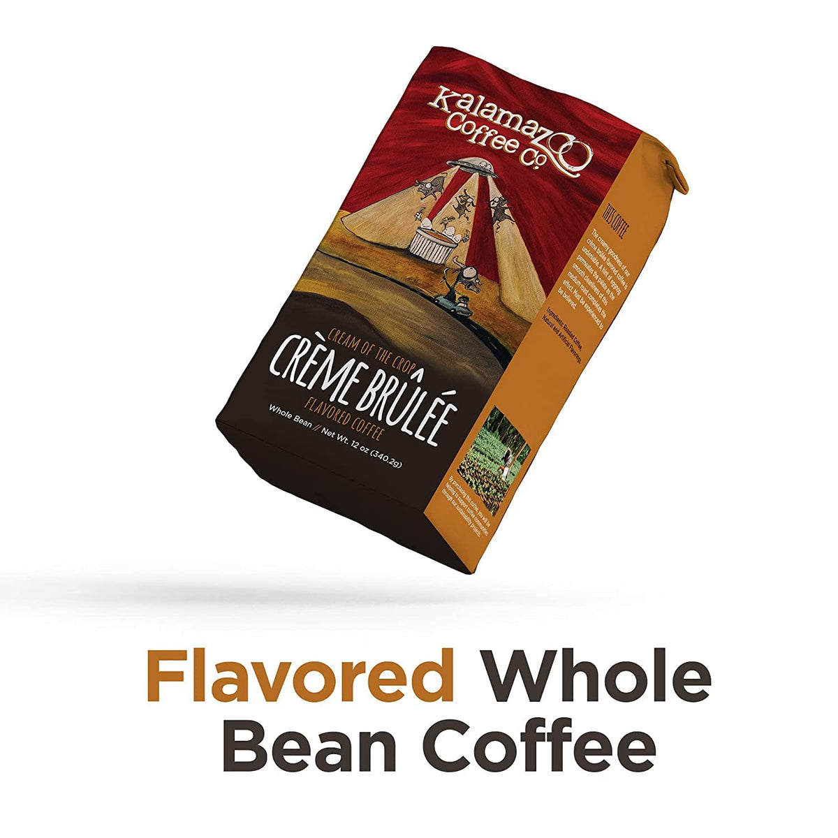 Kalamazoo Coffee Company Creme Brulee packaging closeup showcasing premium flavor design