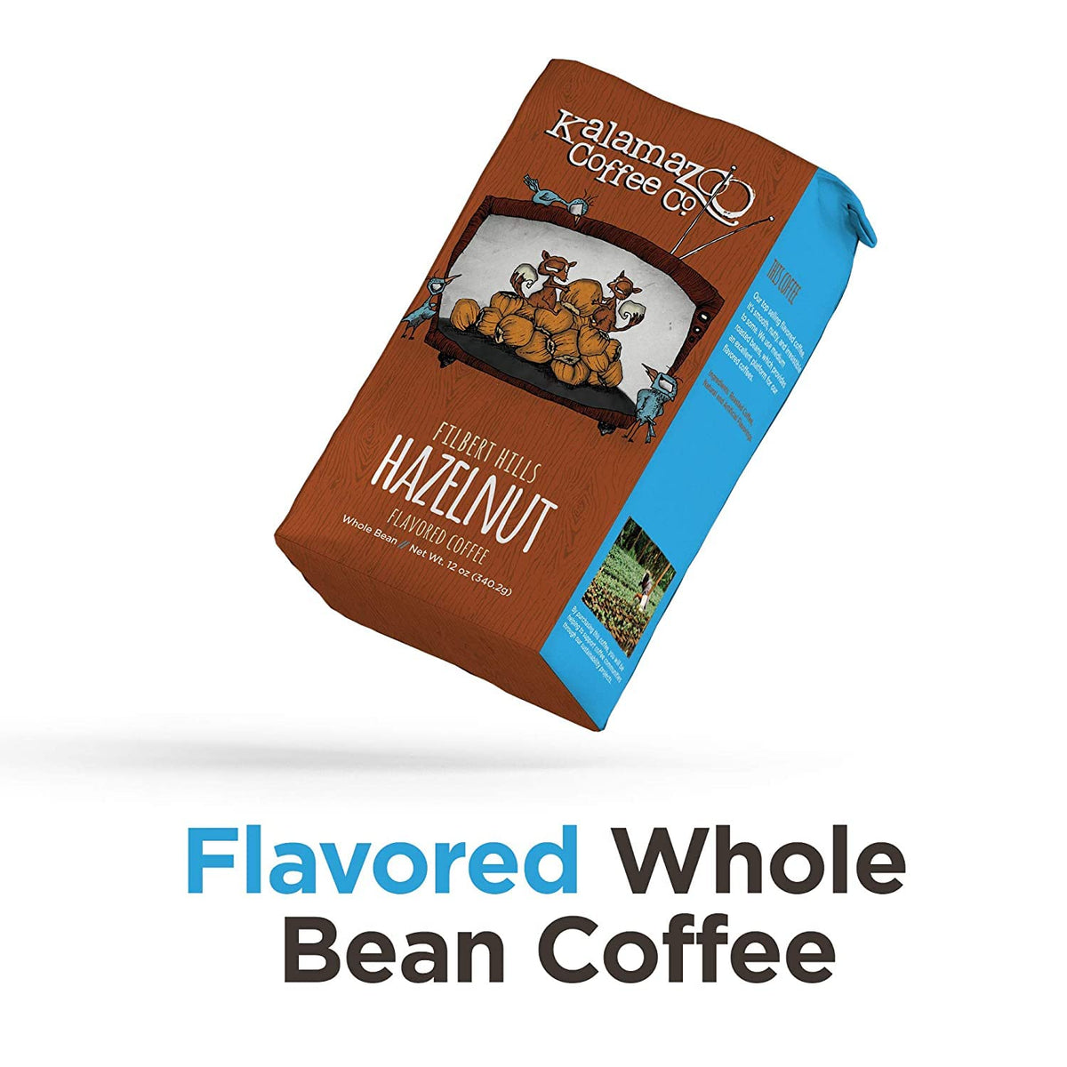 Close-up of Kalamazoo Coffee Hazlenut label highlighting flavor notes and sourcing.