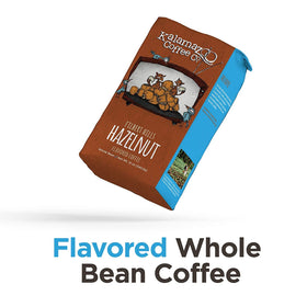 Close-up of Kalamazoo Coffee Hazlenut label highlighting flavor notes and sourcing.