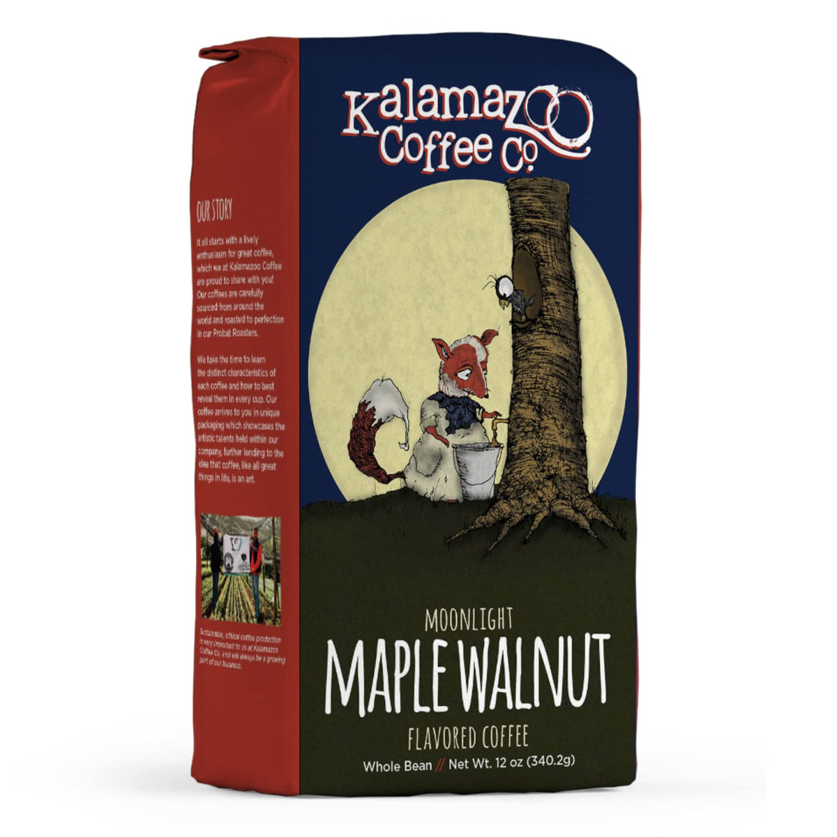 Kalamazoo Maple Walnut bag front showing Moonlight flavor and bold aroma for cozy mornings