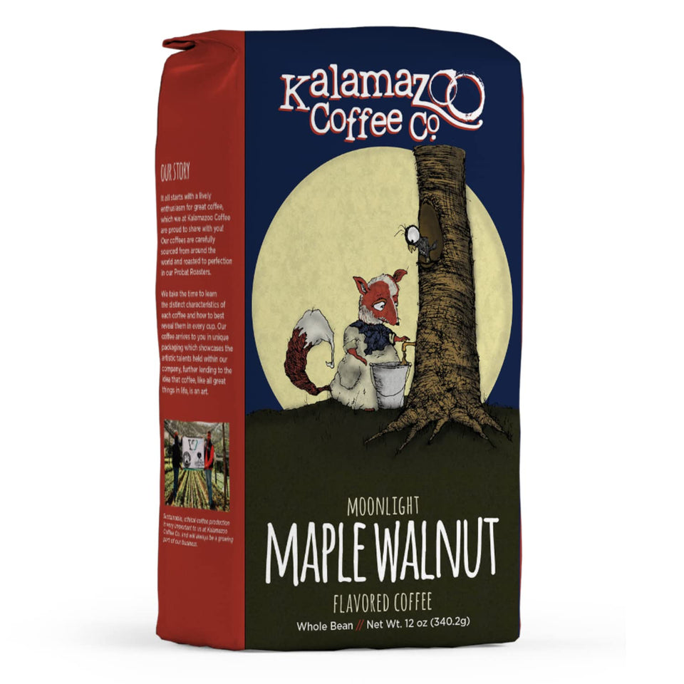 Kalamazoo Maple Walnut bag front showing Moonlight flavor and bold aroma for cozy mornings