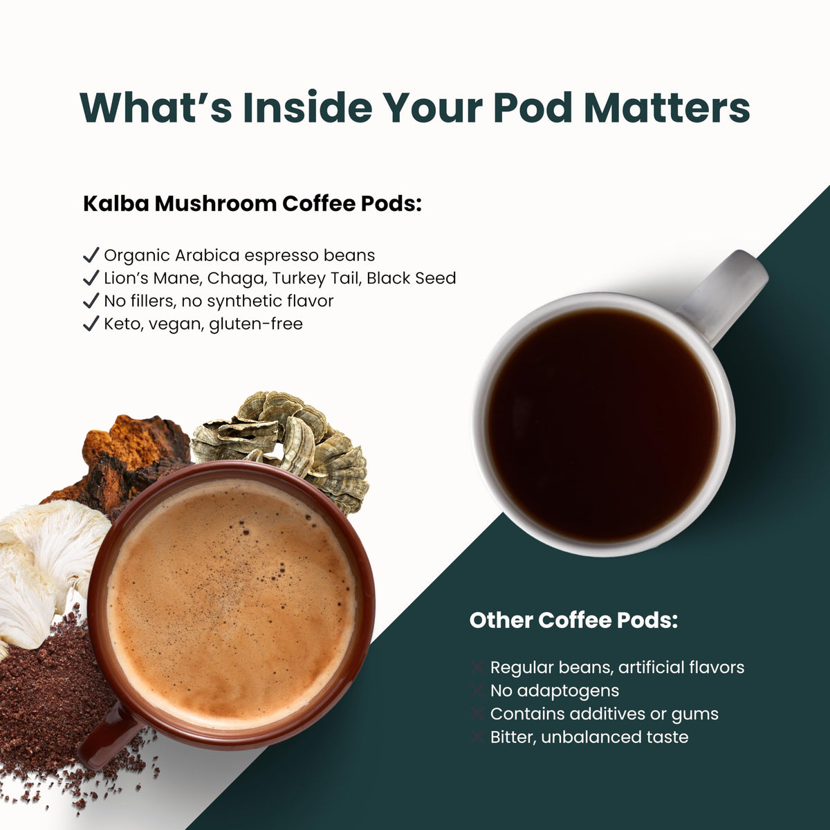 Kalba Turkey Tail in coffee hints at immune-friendly flavor.