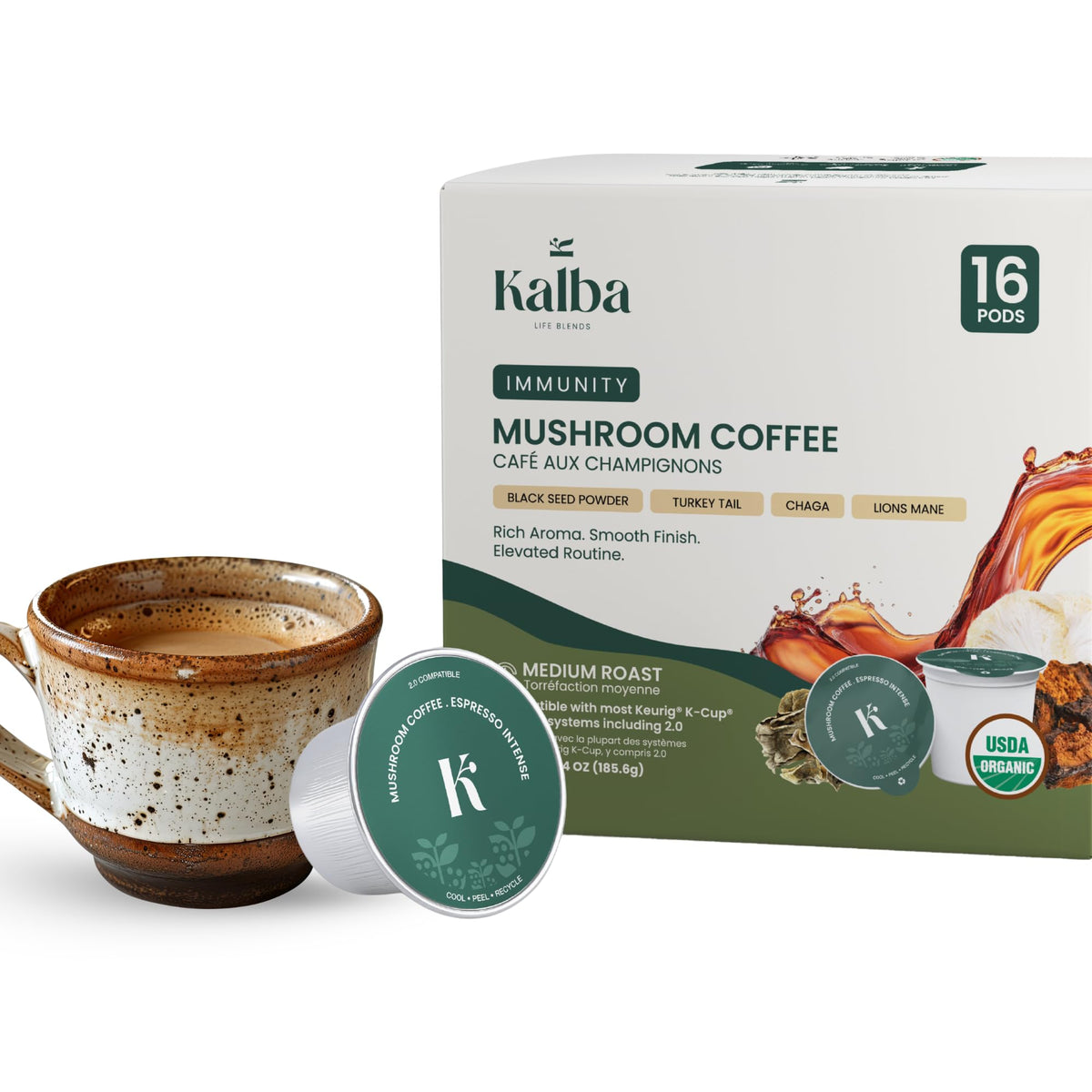 Kalba Organic Mushroom Coffee bottle pour for focused energy.