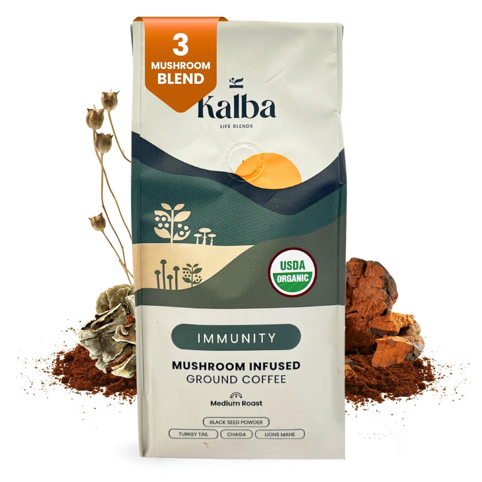 Kalba Organic Mushroom Coffee bag front shows premium packaging and aroma