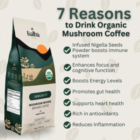 Kalba Organic Mushroom Coffee cup steams, signaling a smooth, aromatic morning