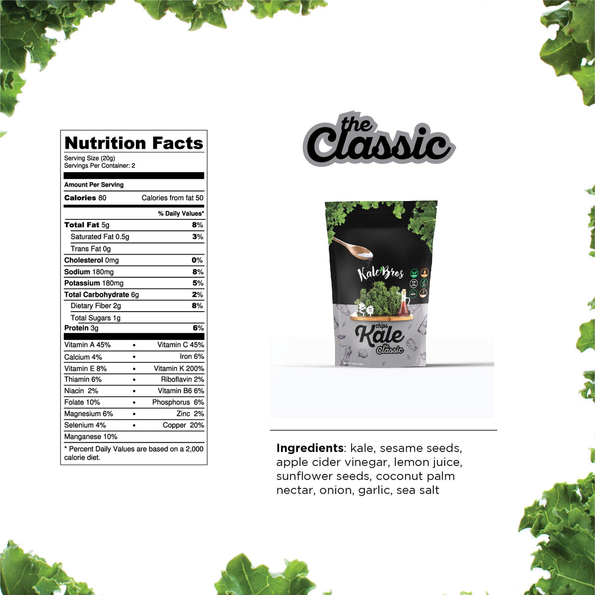 Kale Bros Classic Kale Chips bag closeup highlights crisp texture and vibrant greens.