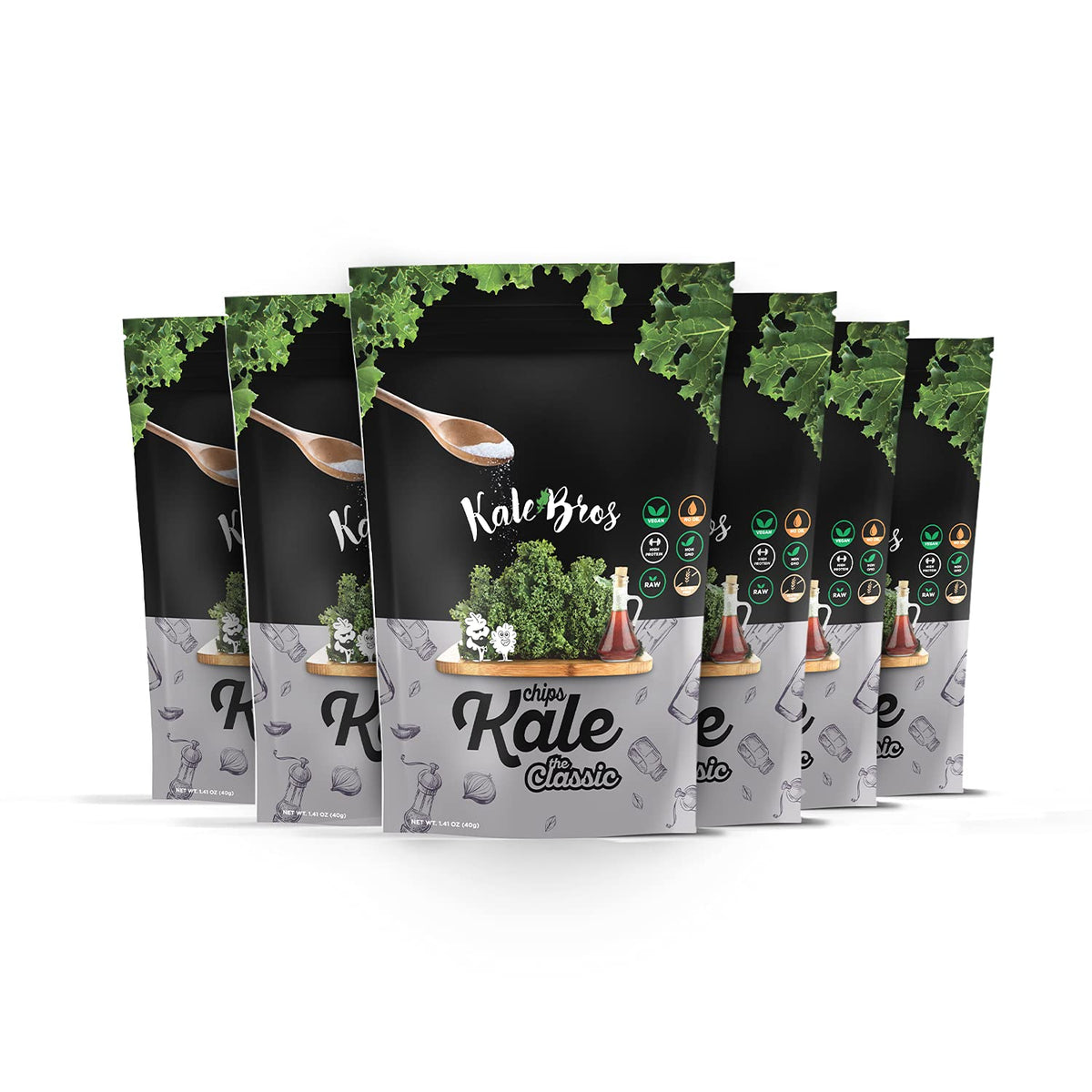 Kale Bros Classic Kale Chips pack-6 front label shows a wholesome, guilt-free snack.