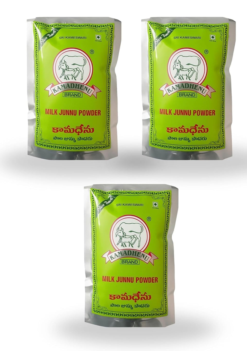 Kamadhenu Junnu Powder 3-pack box, ideal for quick family desserts.