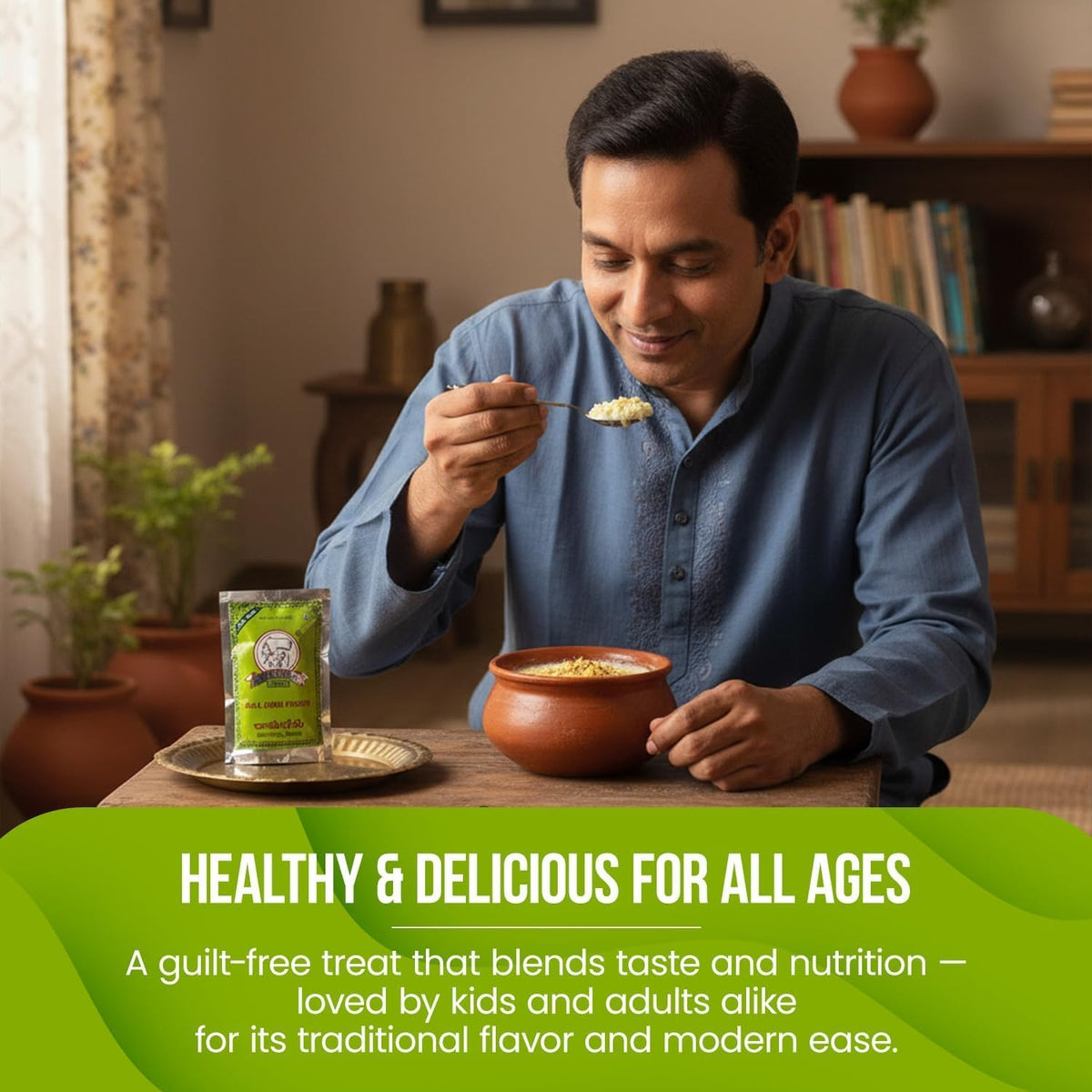 Kamadhenu Junnu Powder served in a bowl with garnish.