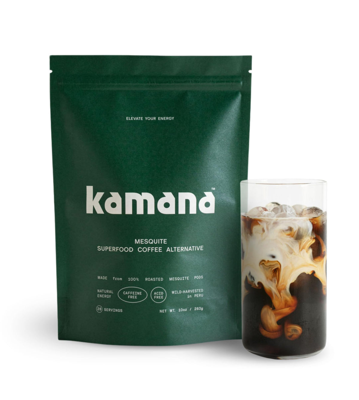 Kamana mesquite coffee substitute bag closeup highlighting caffeine-free energy for mornings.
