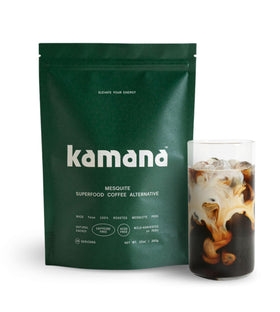 Kamana mesquite coffee substitute bag closeup highlighting caffeine-free energy for mornings.