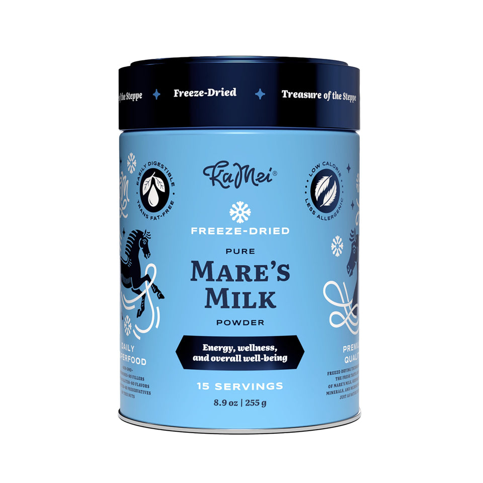 KaMei Mare's Milk Powder jar front shows pasture-raised purity for daily nourishment.