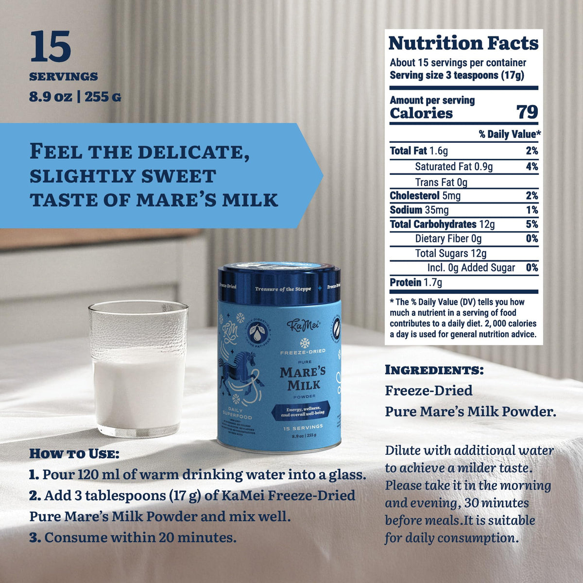Hot water serving with KaMei Mare's Milk Powder shows a soothing milk substitute option.