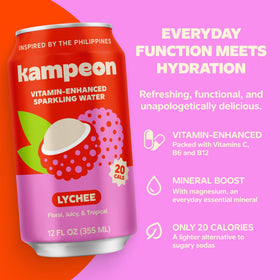 Kampeon Lychee ingredients label highlighting real fruit and no artificial sweeteners