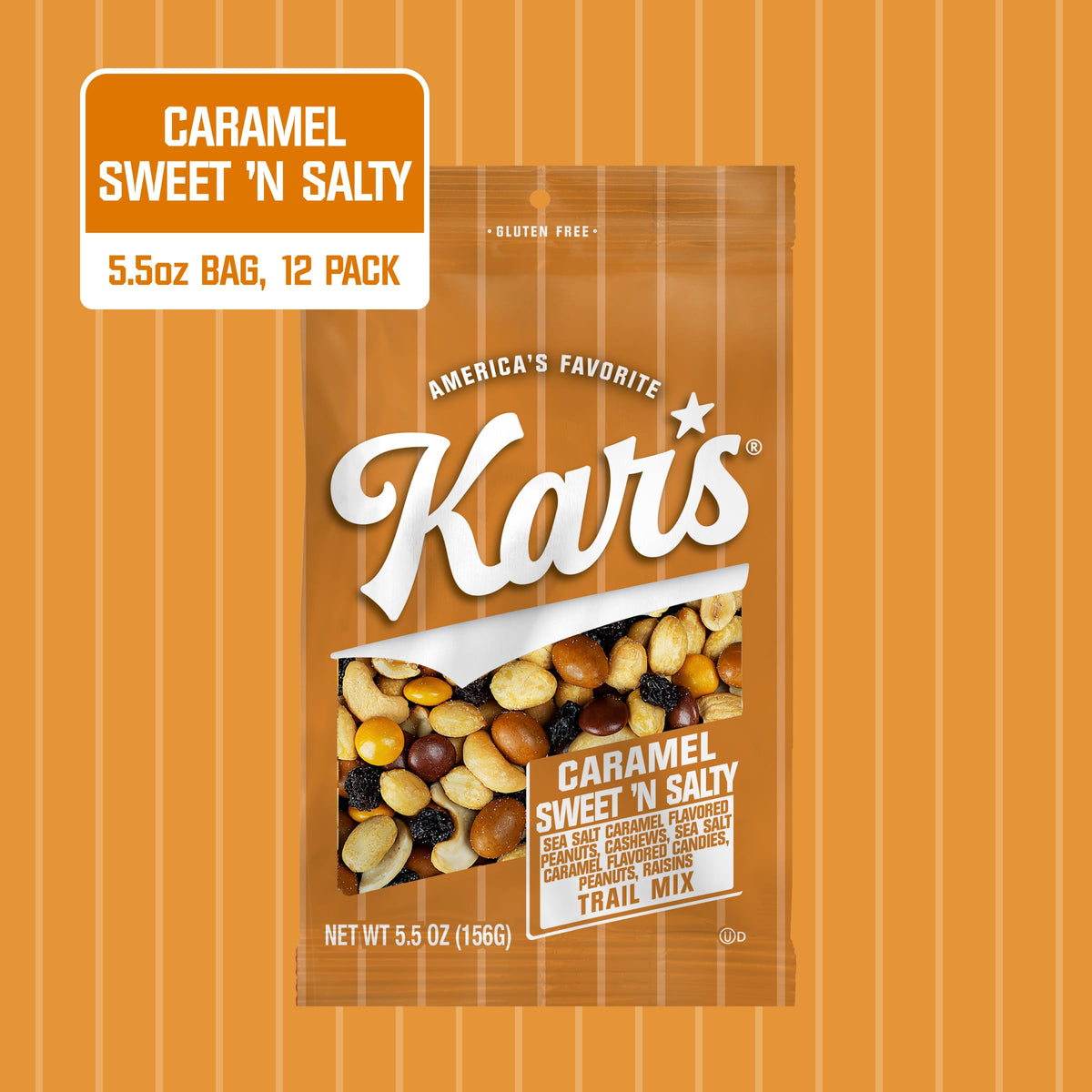 Kar's Nuts Caramel Sweet N Salty Trail Mix packaging shows resealable pouch