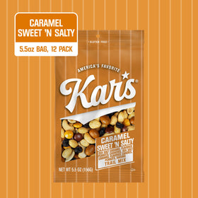 Kar's Nuts Caramel Sweet N Salty Trail Mix packaging shows resealable pouch