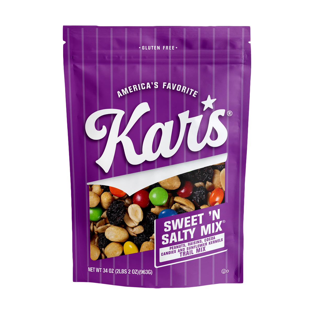Kar's Nuts Sweet 'N Salty Trail Mix in a 34 oz resealable pouch for fresh snacking