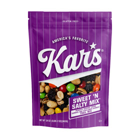 Kar's Nuts Sweet 'N Salty Trail Mix in a 34 oz resealable pouch for fresh snacking