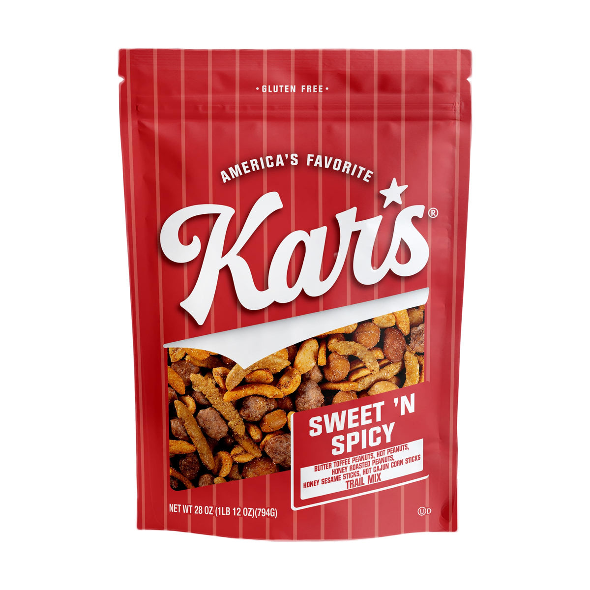 Kar’s Nuts Sweet N Spicy Trail Mix resealable pouch for fresh on-the-go snacking
