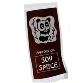 Kari-Out soy sauce 8g packet in-use shot for sushi and takeout.