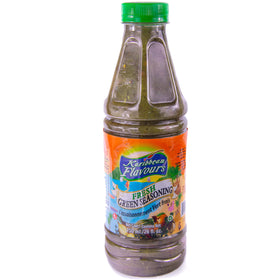 KARIBBEAN FLAVOURS Trinidad Fresh Green Seasoning bottle pour reveals a versatile protein marinade