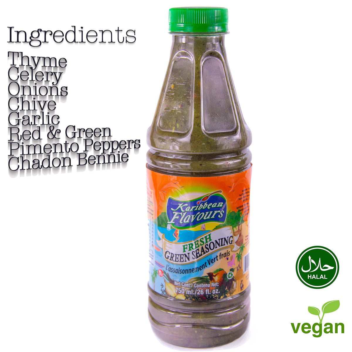 KARIBBEAN FLAVOURS Trinidad Fresh Green Seasoning label closeup confirms Halal and vegan credentials