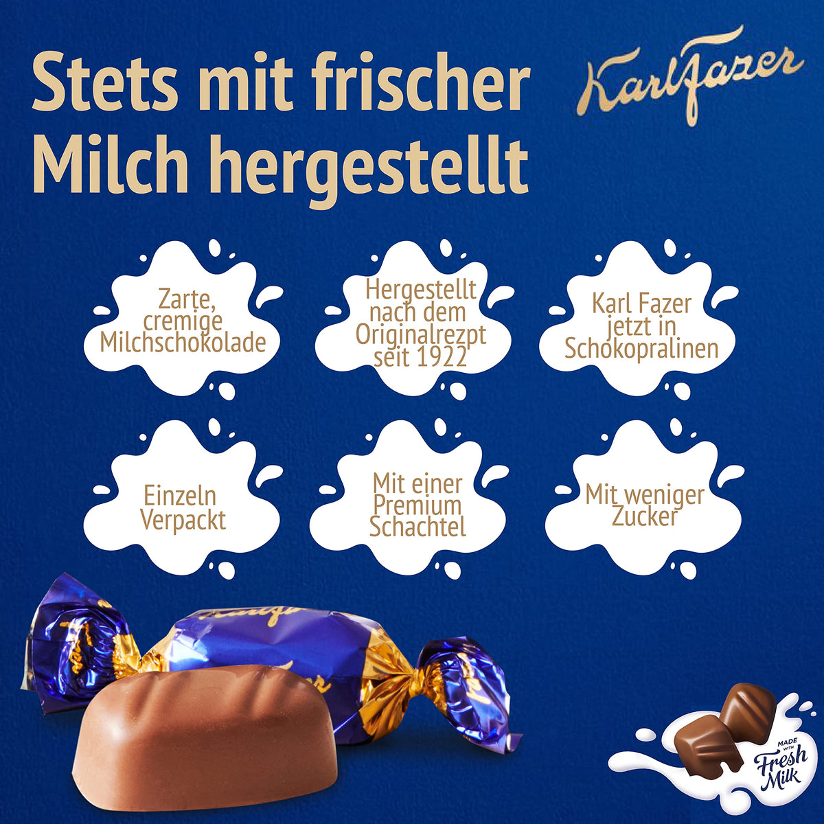 Karl Fazer Milk Chocolate bar close-up inviting indulgence with smooth texture