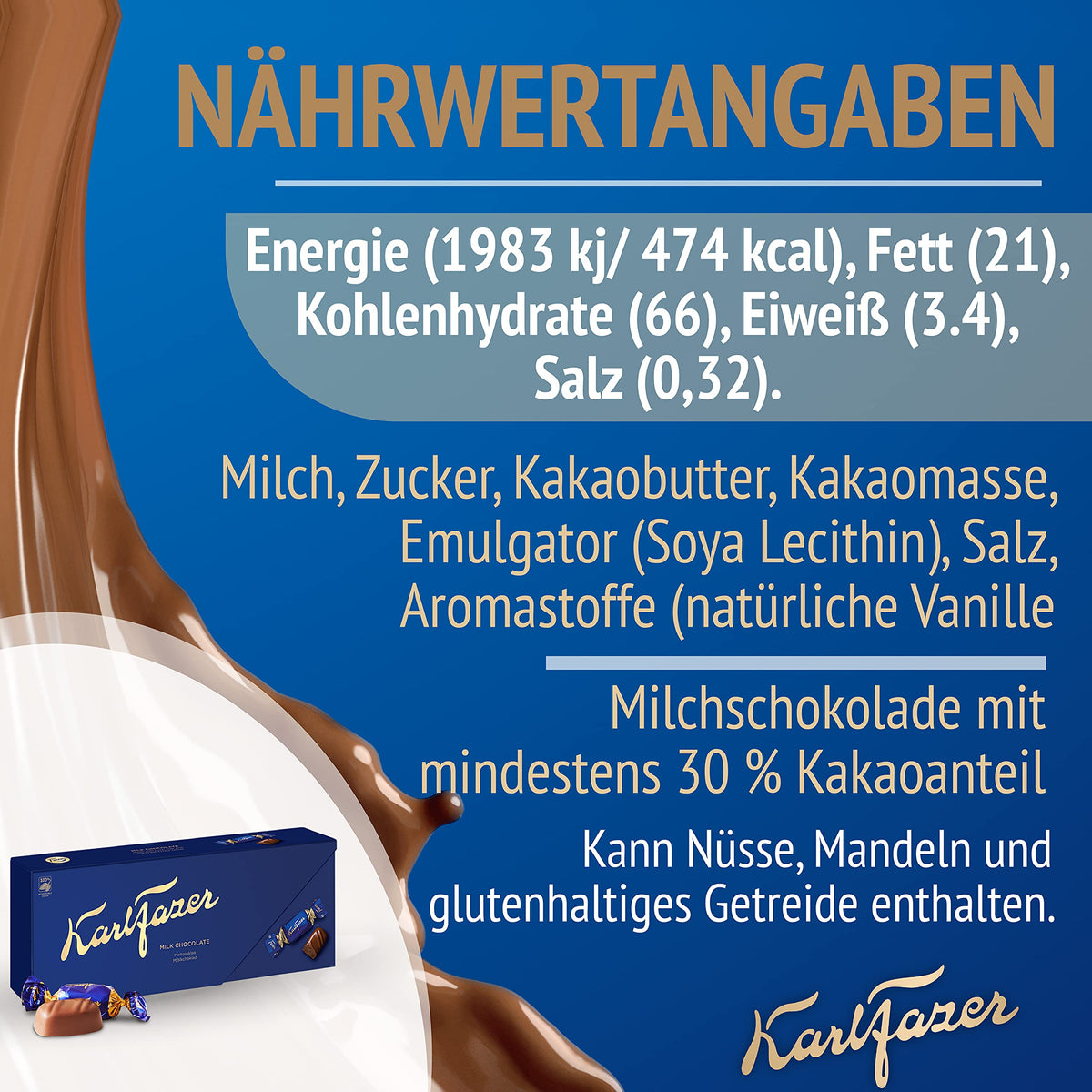 Karl Fazer Milk Chocolate blue wrapper close-up with authentic gold signature cue
