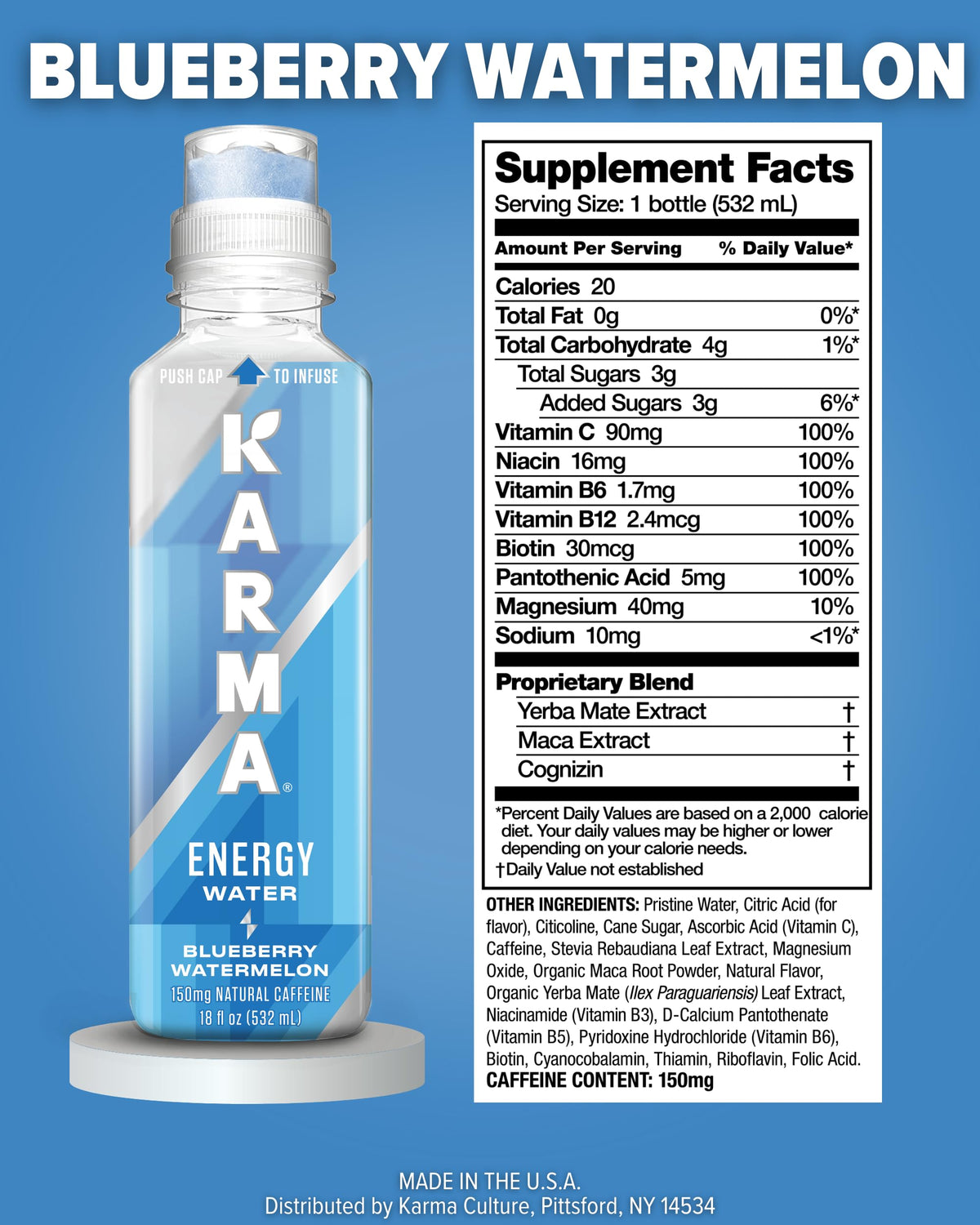 Karma Energy Drink label highlights immune-supporting vitamins and B-Complex