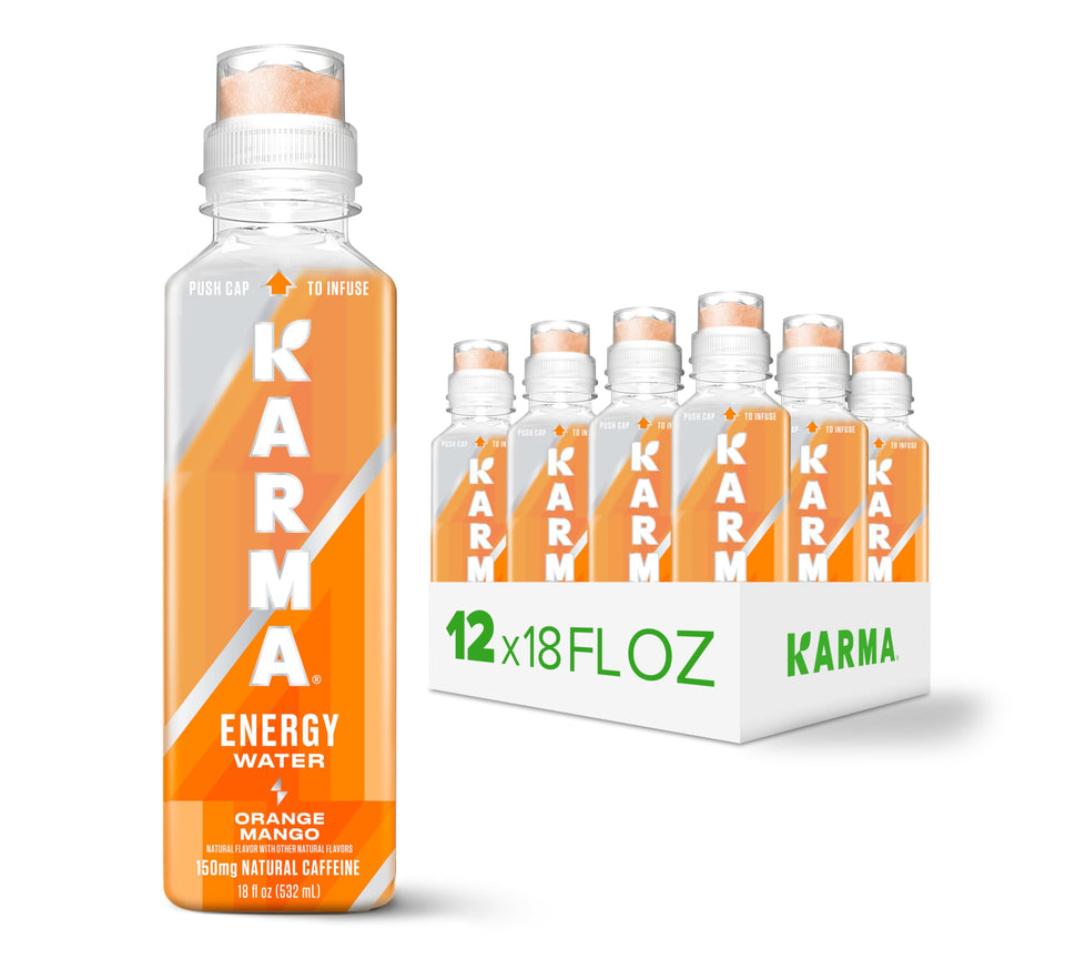 Karma Energy Drink Orange Mango label highlighting vibrant branding and health-forward design.