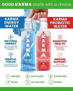 Karma Energy Drink packaging display emphasizing on-the-go convenience.