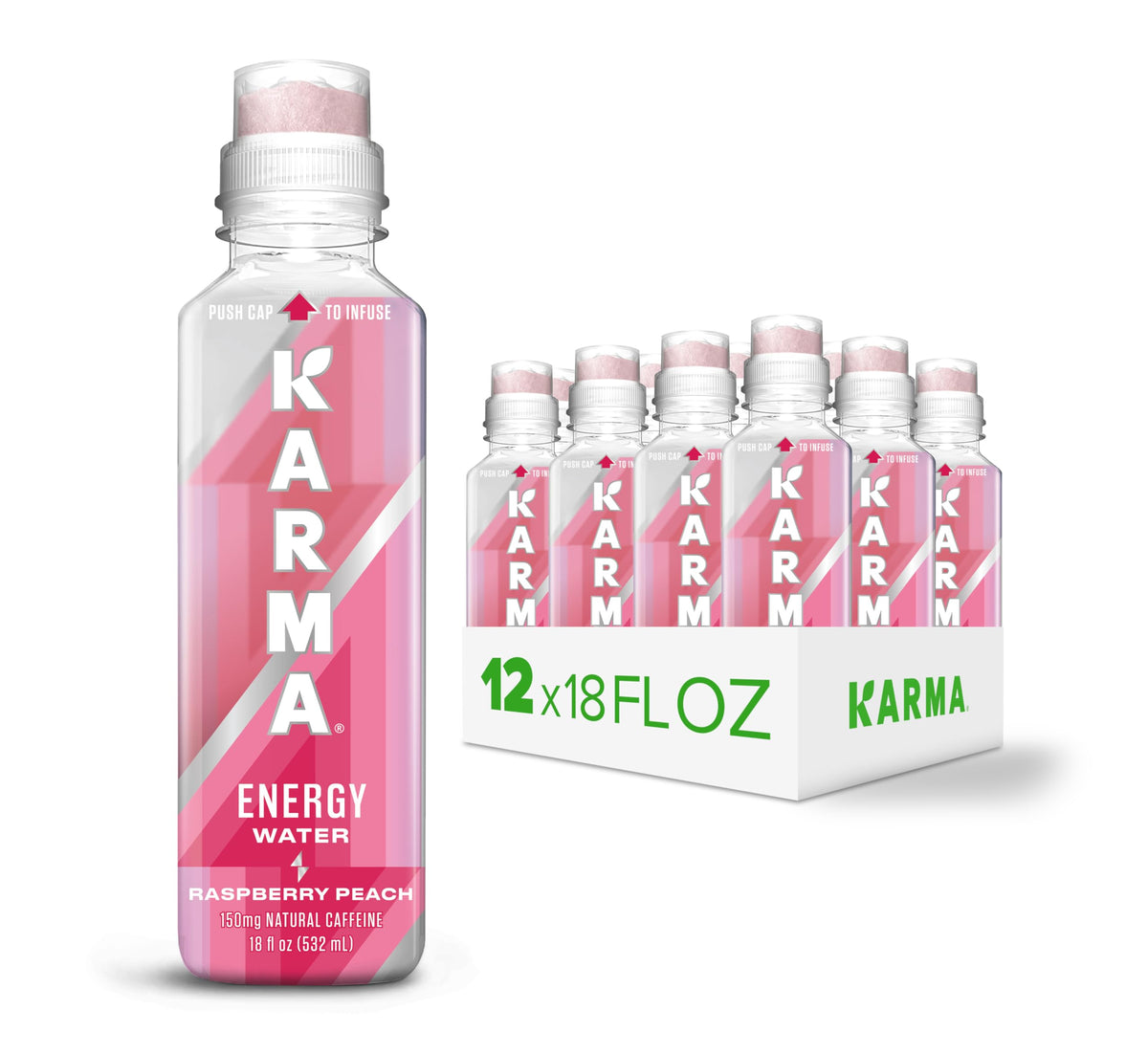 Karma Energy Drink Raspberry Peach bottle for on-the-go hydration.