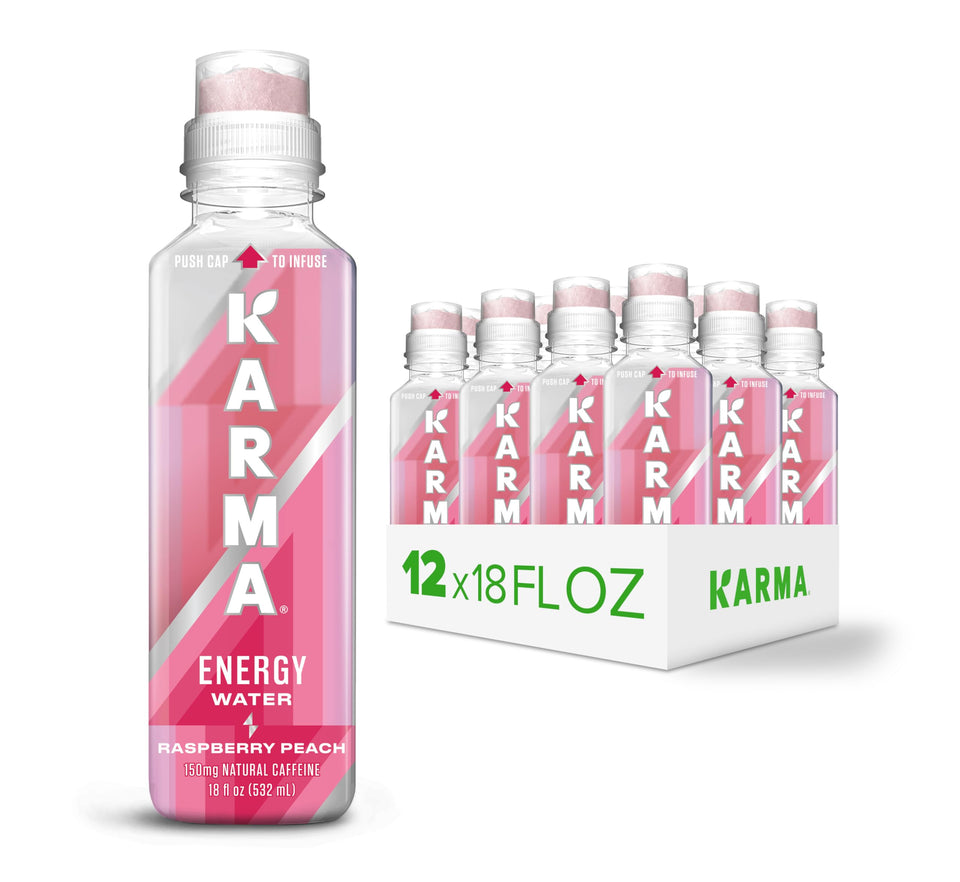Karma Energy Drink Raspberry Peach bottle for on-the-go hydration.