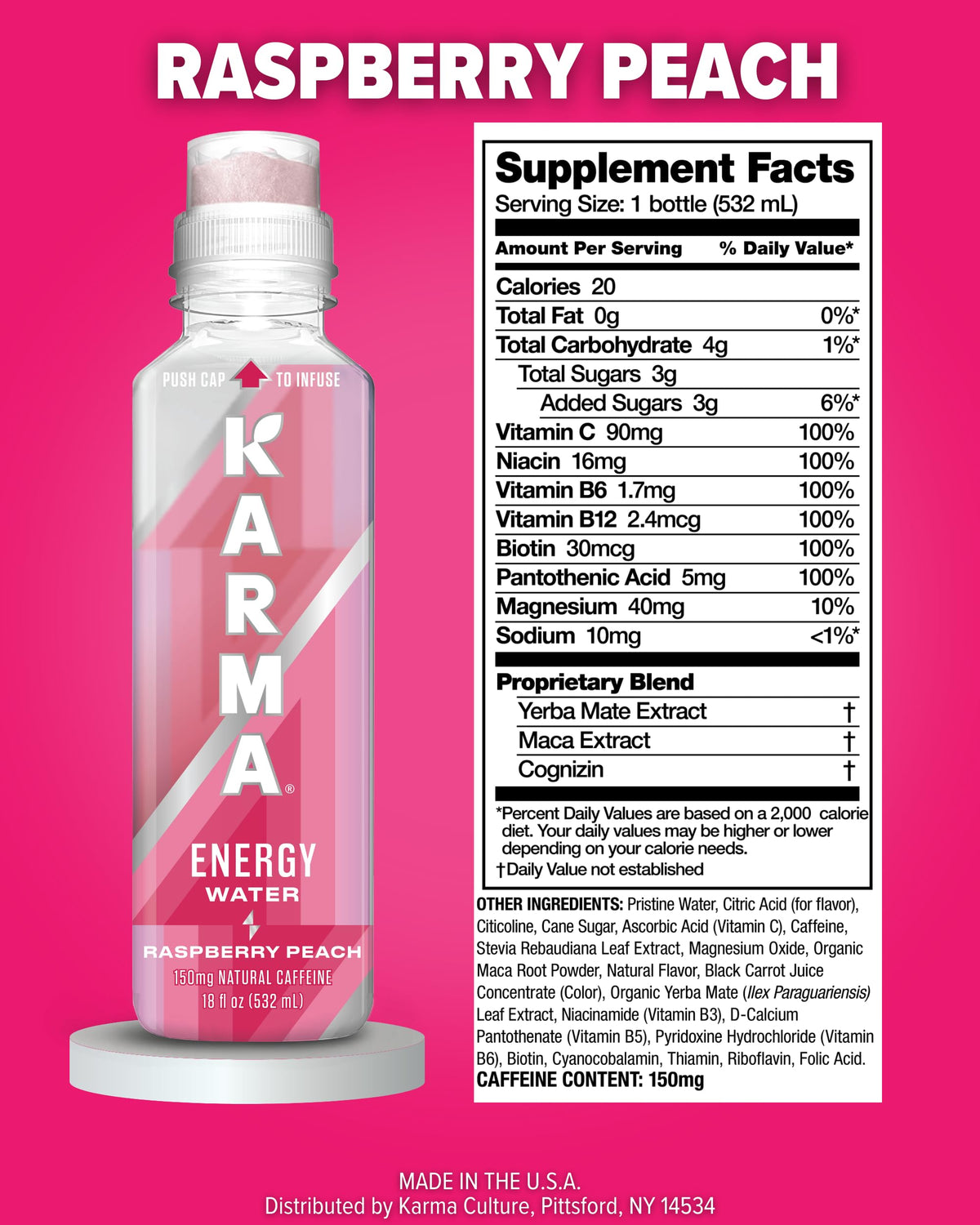 Karma Energy Drink vitamin assembly highlights immune-support nutrients.