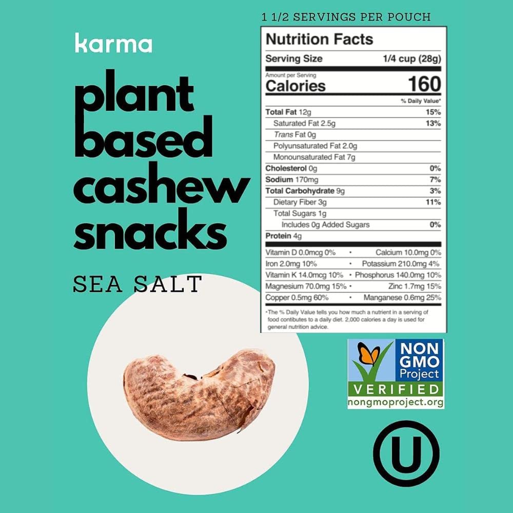 Karma Nuts air-roasted cashews no oil for lighter, crispy texture.