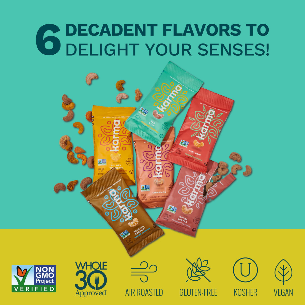 Karma Nuts are gluten-free and vegan with non-GMO ingredients in every pack