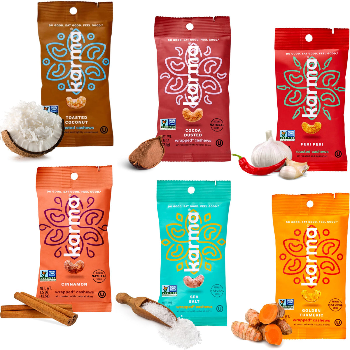 Karma Nuts flavored cashews variety pack with six portable 1.5 oz packs for on-the-go snacking