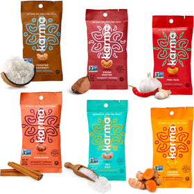Karma Nuts flavored cashews variety pack with six portable 1.5 oz packs for on-the-go snacking